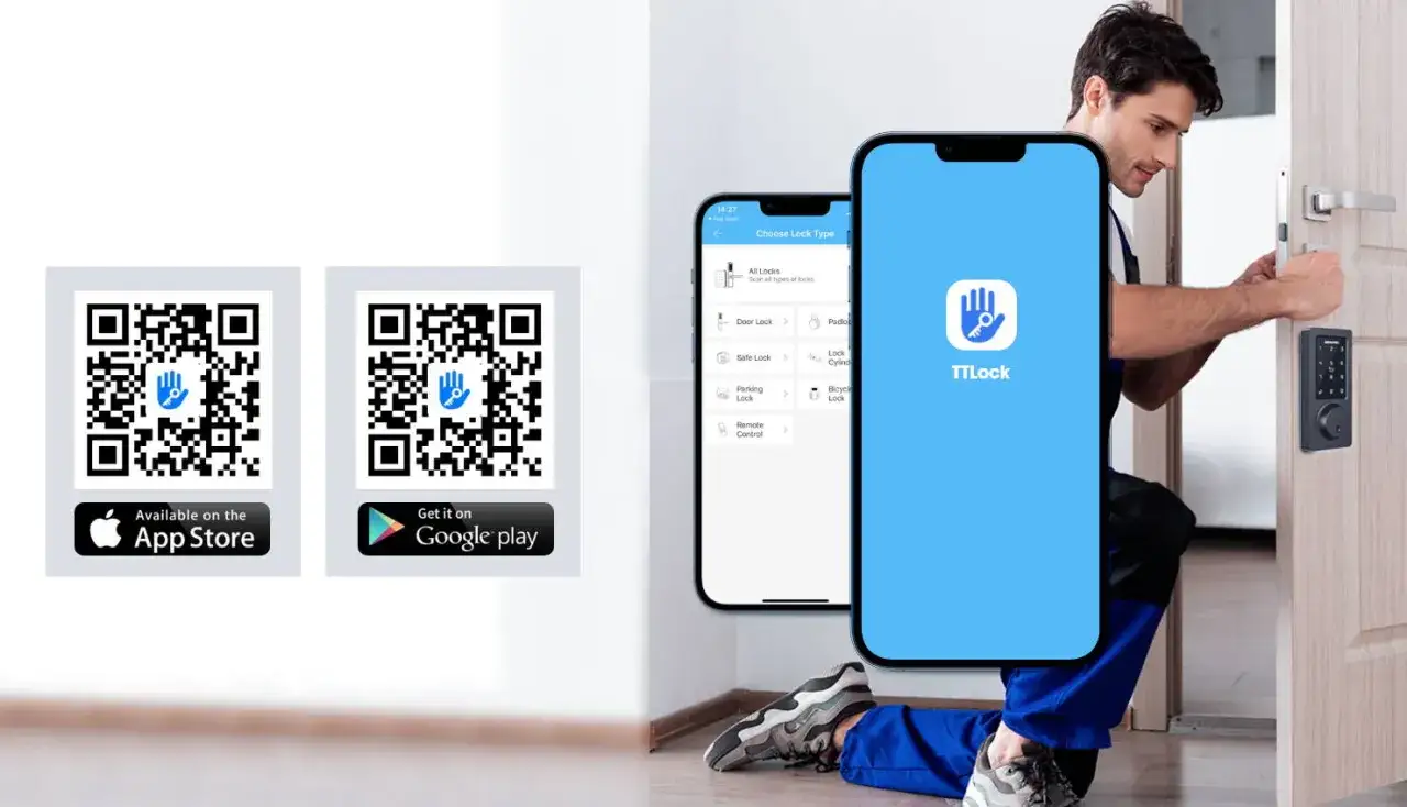 Man installerar en Yale Doorman L3-d&ouml;rrl&aring;s. QR-koder f&ouml;r appnedladdning syns.