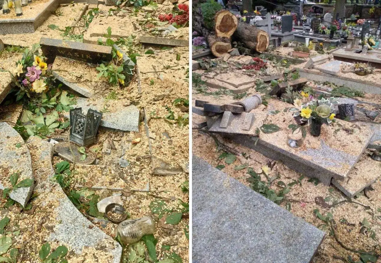 Zniszczone nagrobki na cmentarzu po wichurze. Warto rozważyć ubezpieczenie pomnika na cmentarzu, by uniknąć takich strat.