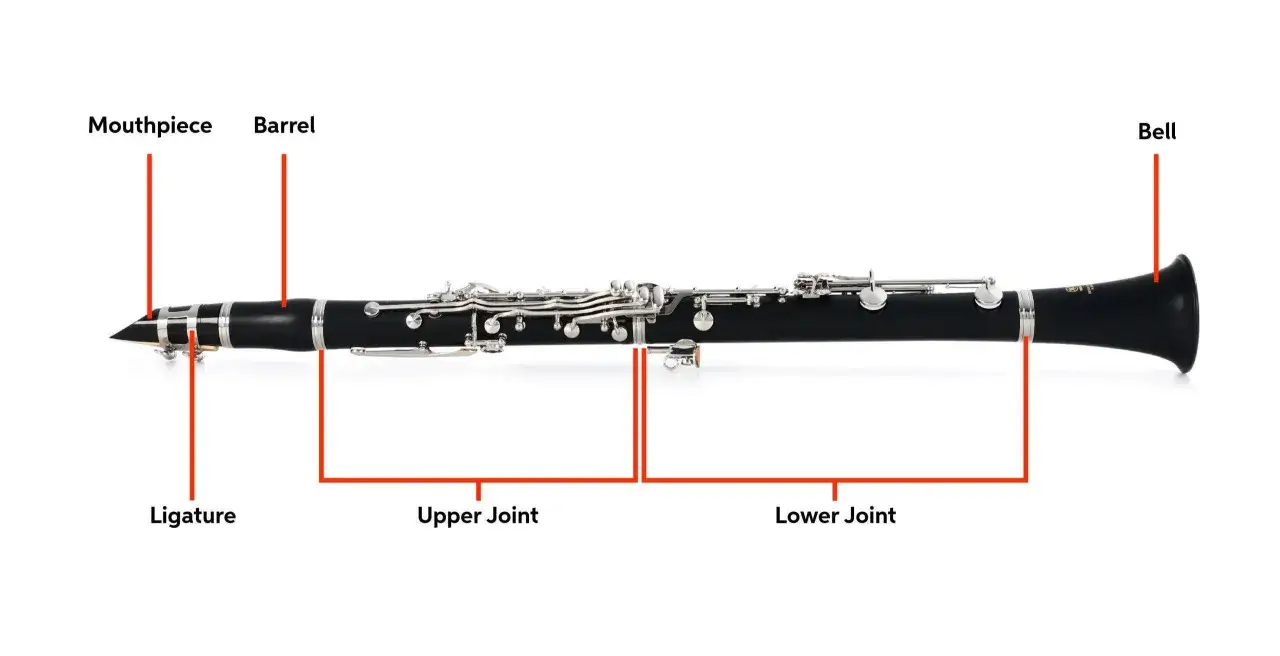 Vue d'une clarinette avec les diff&eacute;rentes parties de l'instrument &eacute;tiquet&eacute;es : bec, barillet, ligature, corps sup&eacute;rieur, corps inf&eacute;rieur et pavillon.