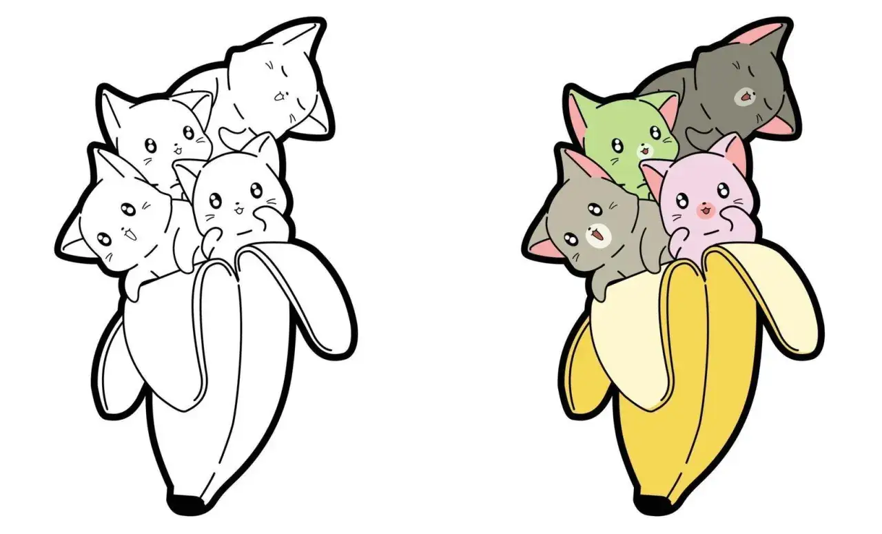 Un pl&aacute;tano abierto con cuatro adorables gatitos asom&aacute;ndose. Un lado es un dibujo para colorear, el otro est&aacute; lleno de color. &iexcl;Un dulce gato para colorear!