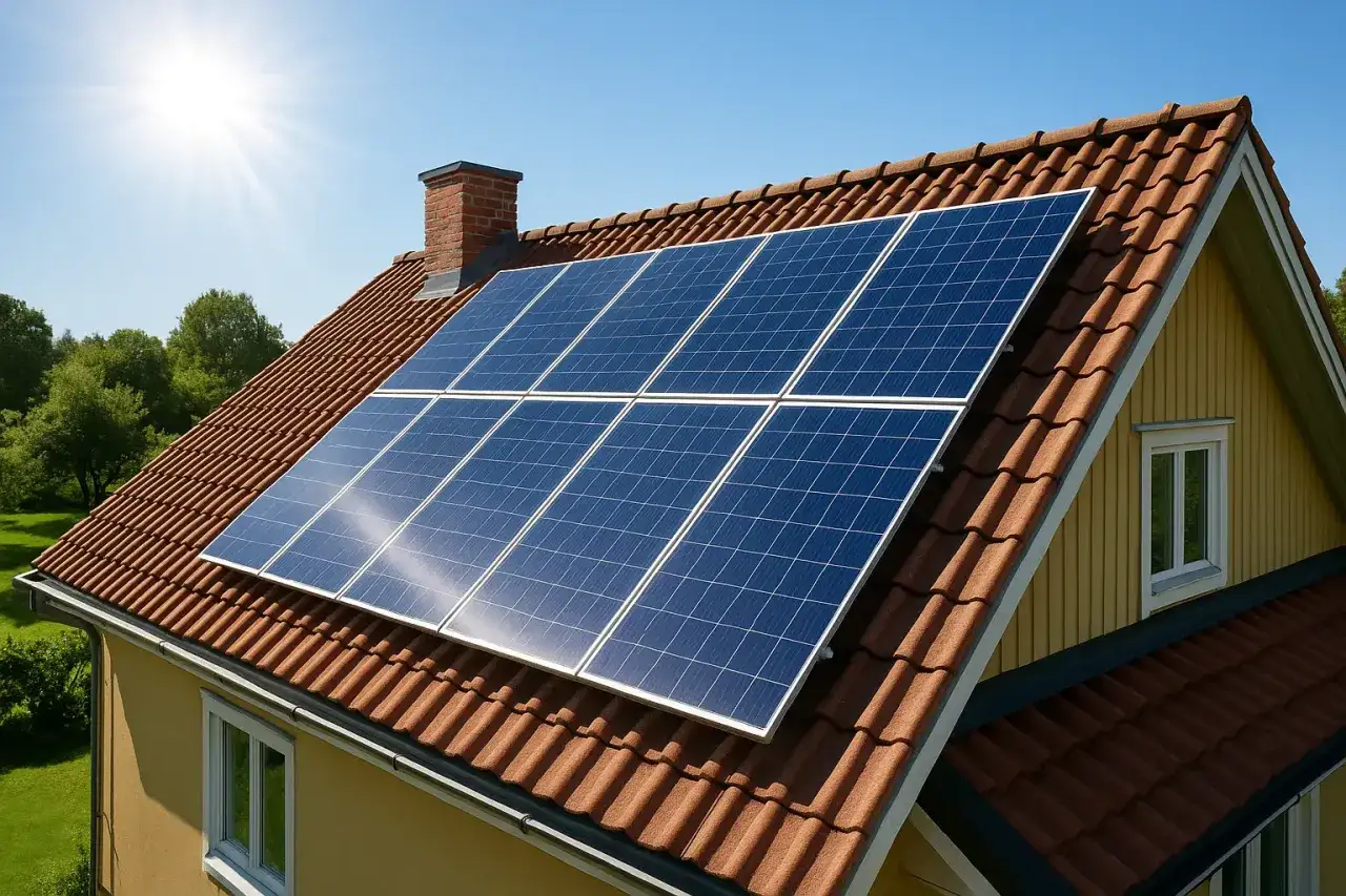 Solpaneler p&aring; ett tegeltak f&aring;ngar solens str&aring;lar. En vacker sommardag, precis s&aring; h&auml;r g&aring;r solen p&aring; tomten och ger energi.