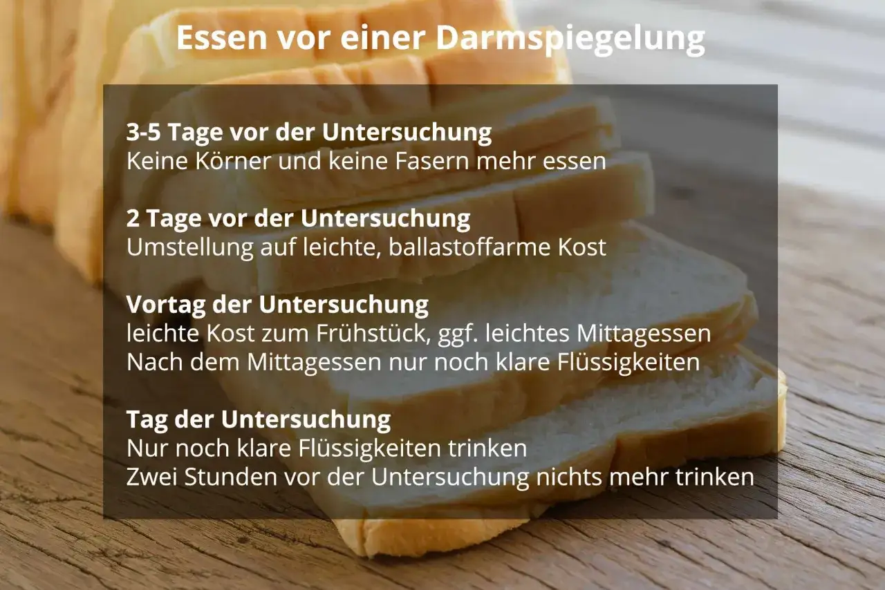 Anleitung zum Essen vor einer Darmspiegelung: Verzicht auf Körner/Fasern, leichte Kost, klare Flüssigkeiten.