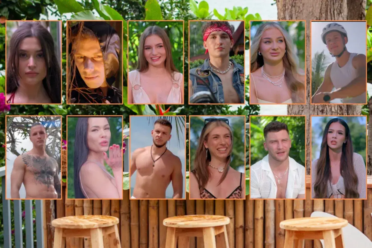 Uczestnicy hotel paradise 12 w tropikalnej scenerii. Młodzi ludzie, jedni uśmiechnięci, inni zamyśleni, tworzą kolaż.