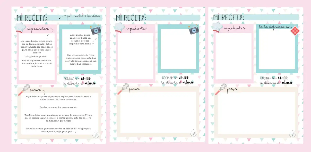 Plantilla para escribir recetas con secciones para ingredientes, pasos y quién disfrutó el plato.