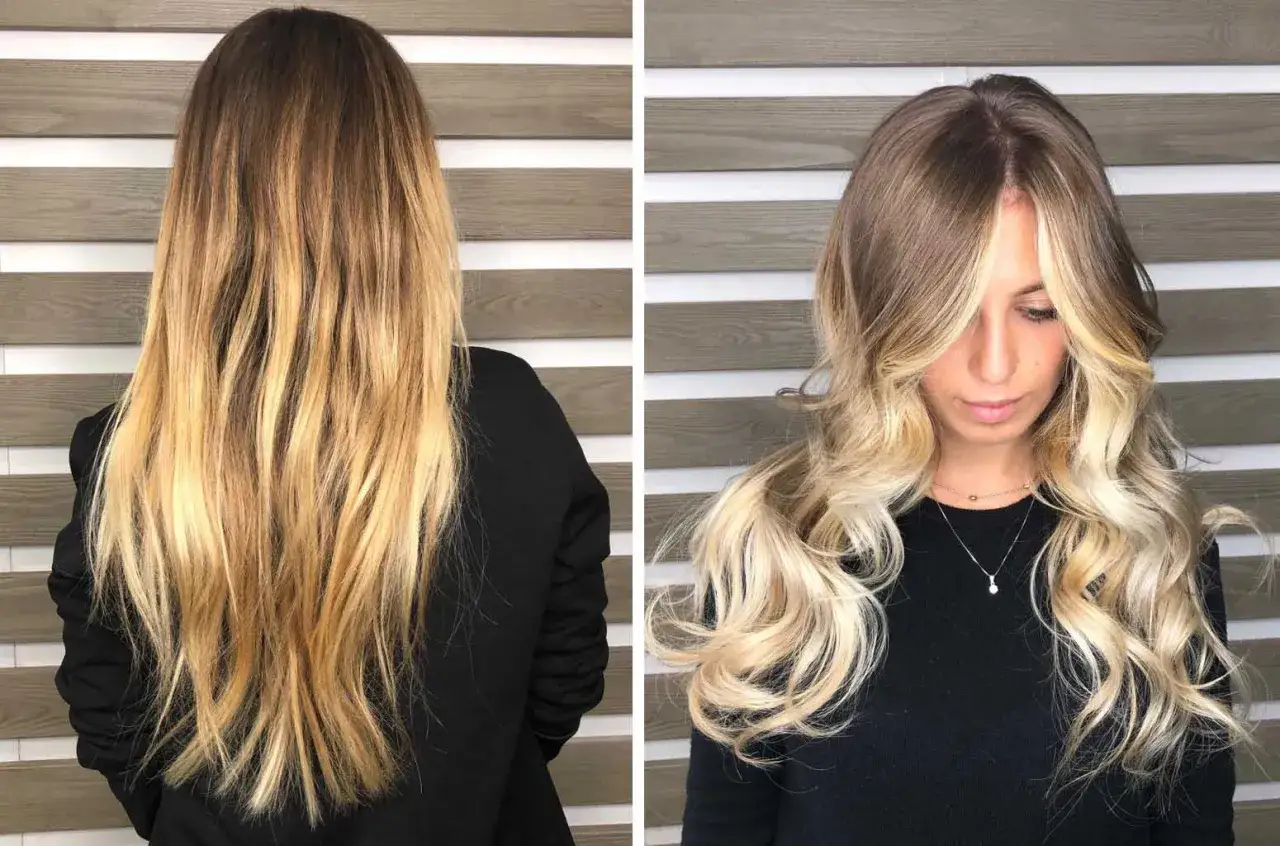 Prima e dopo: capelli lunghi biondi donna, trasformati con onde morbide e un balayage luminoso.