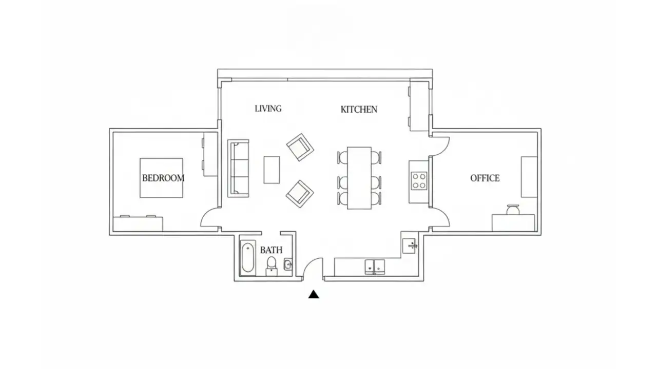 Planimetrie case: un appartamento con camera da letto, bagno, soggiorno, cucina, sala da pranzo e ufficio.