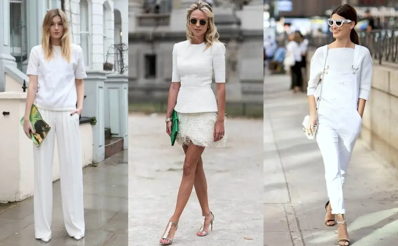 Tre donne mostrano come abbinare il bianco: pantaloni ampi, minigonna piumata e salopette.