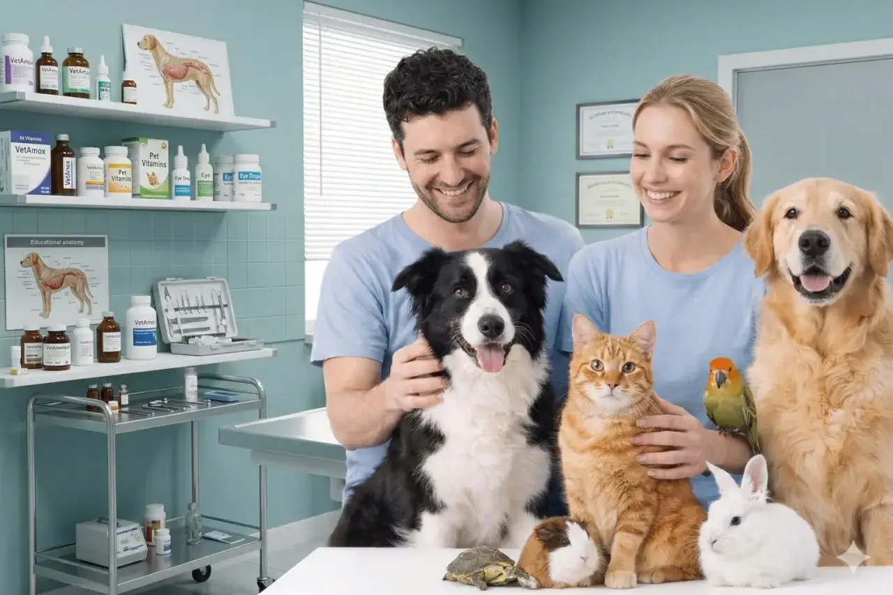 Coppia sorridente con animali: cane, gatto, coniglio, pappagallo, cavia e tartaruga. Scaffali con farmaci veterinari, utili per corsi di animal care.
