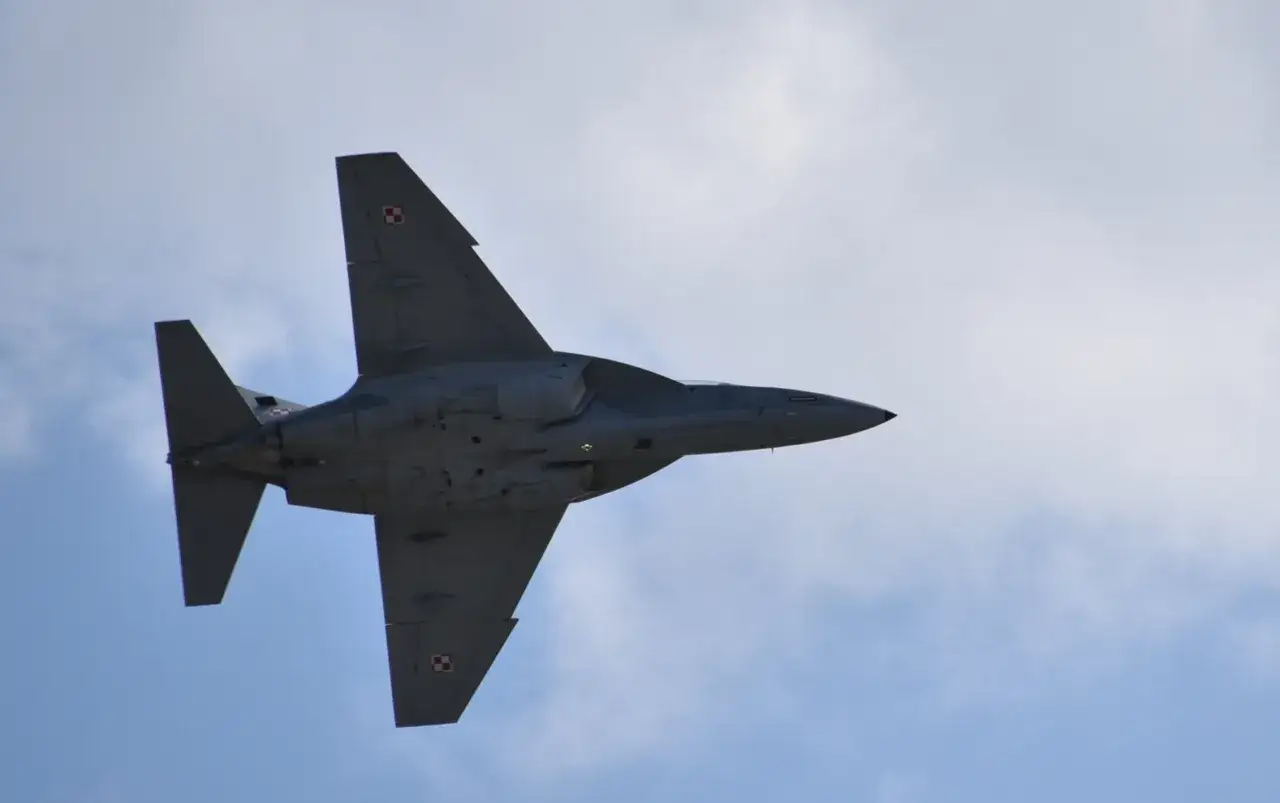 Myśliwiec z polską szachownicą wykonuje akrobacje podczas air show w Radomiu.
