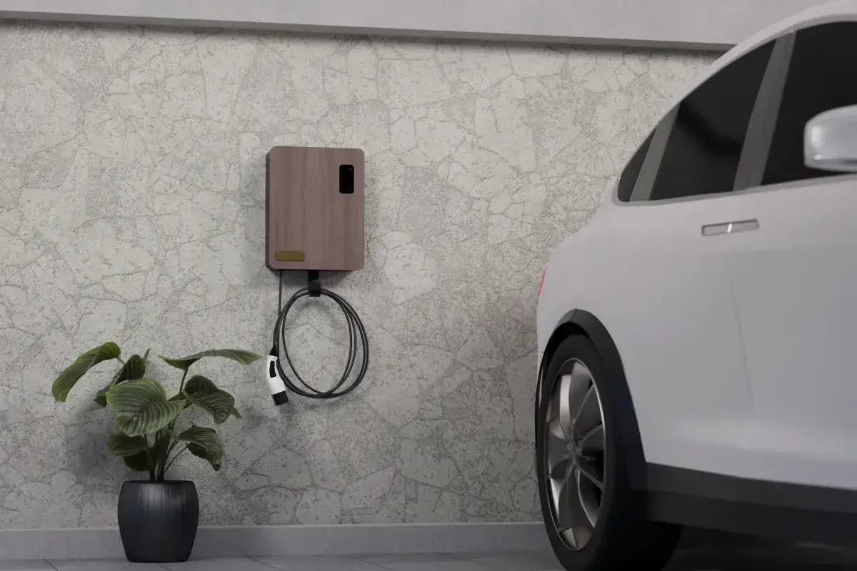Stazione di ricarica per auto elettriche e ibride plug-in, con cavo e presa pronti all'uso.