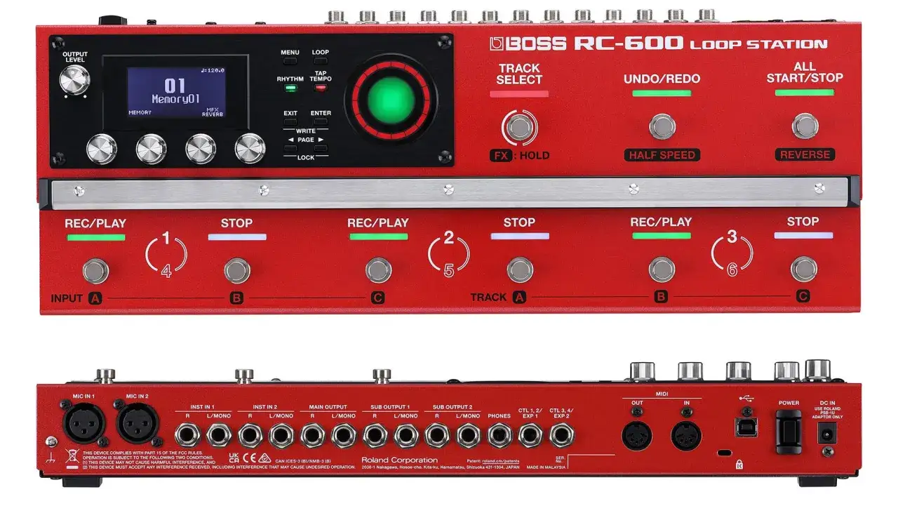 Czerwony looper do gitary Boss RC-600 z ekranem LCD, przyciskami REC/PLAY i STOP, oraz licznymi wejściami i wyjściami.