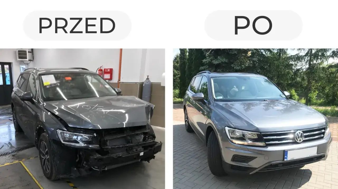 Uszkodzony samochód przed i po naprawie. Dlaczego w marcu 2026 r. termin oczekiwania na blacharza wydłużył się do 3 miesięcy?