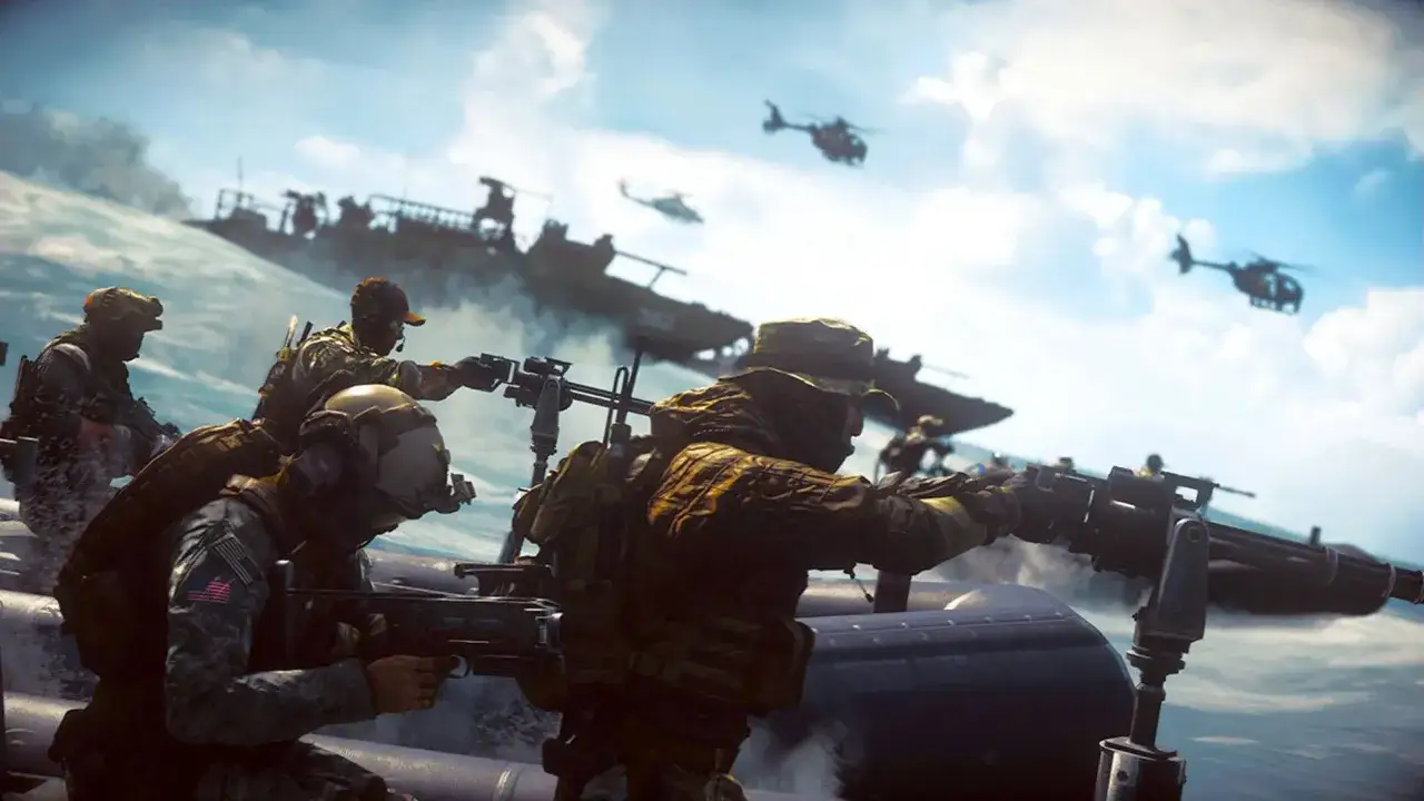 Soldados en lancha, listos para la acción en un nuevo battlefield. Helicópteros y barcos de guerra en el horizonte.