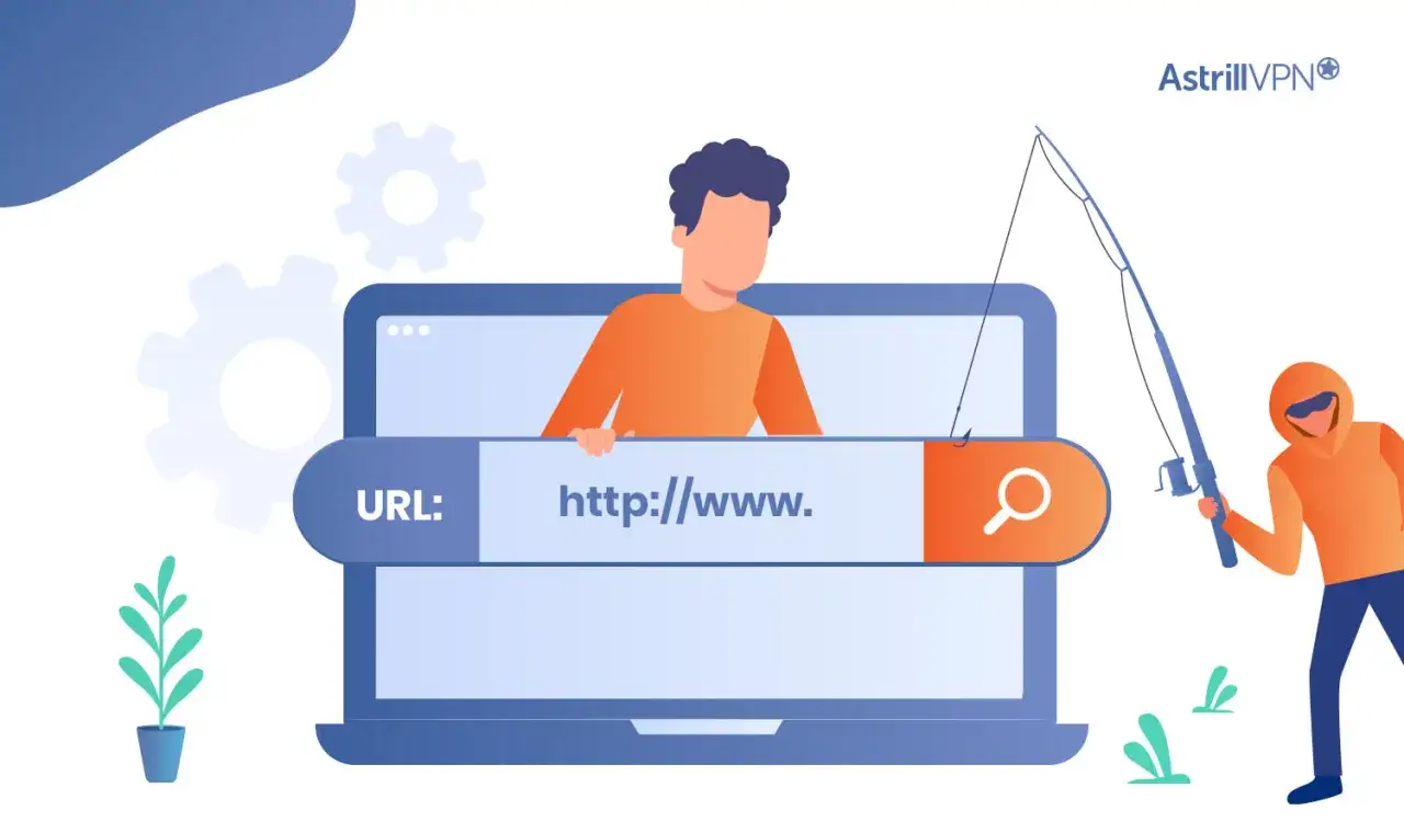 Un hombre mira una barra de URL en una pantalla de port&aacute;til. Un pescador con capucha intenta pescar enlaces maliciosos.