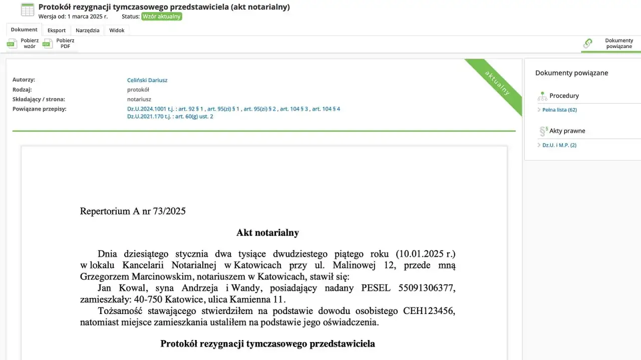 Protokół rezygnacji tymczasowego przedstawiciela, akt notarialny. Tak jak zwracamy się do notariusza, gdy potrzebujemy dokumentu.