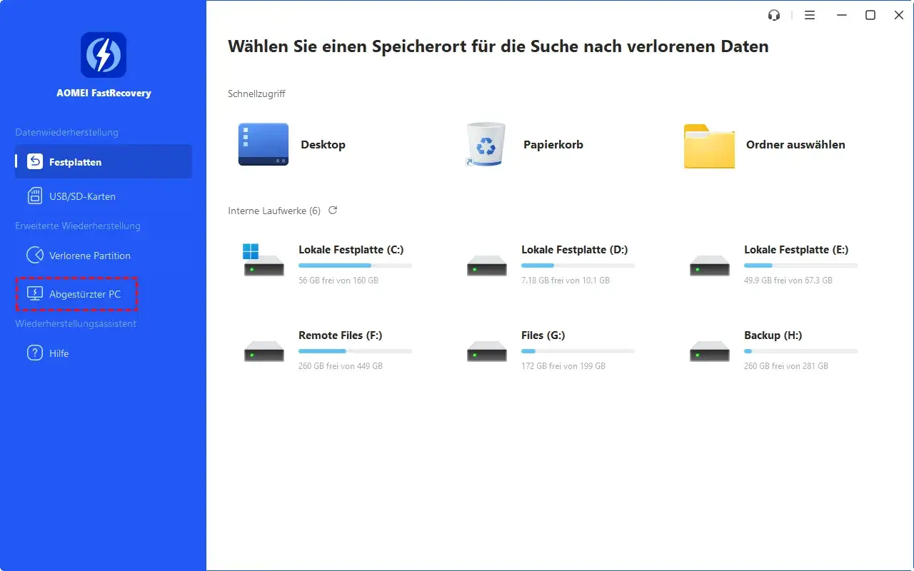 Hilfe bei abgestürzter PC-Wiederherstellung. AOMEI FastRecovery sucht nach verlorenen Daten auf lokalen Festplatten, USB-Sticks und mehr.