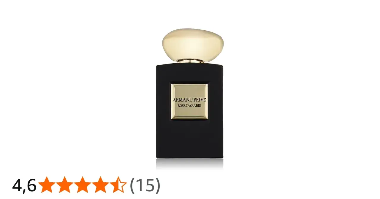Elegancka, czarna butelka perfum Armani Priv&eacute; Rose d'Arabie ze złotą nakrętką.