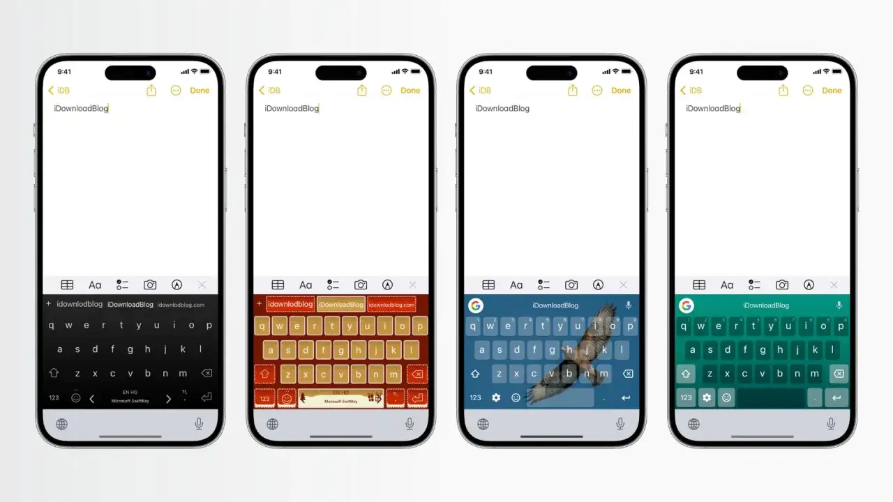 Jak zmienić wygląd klawiatury w iPhone? Zobacz przykłady z r&oacute;żnymi motywami i opcjami personalizacji.