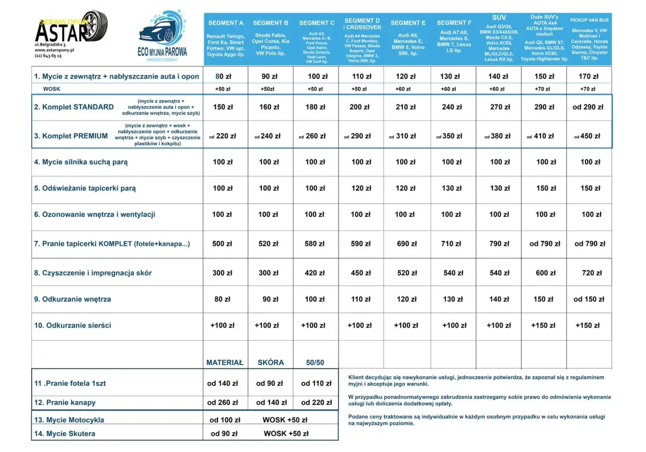 Cennik usług myjni automatycznej Astar: mycie auta, wosk, pranie tapicerki, ozonowanie i inne. Ceny zależą od segmentu pojazdu.