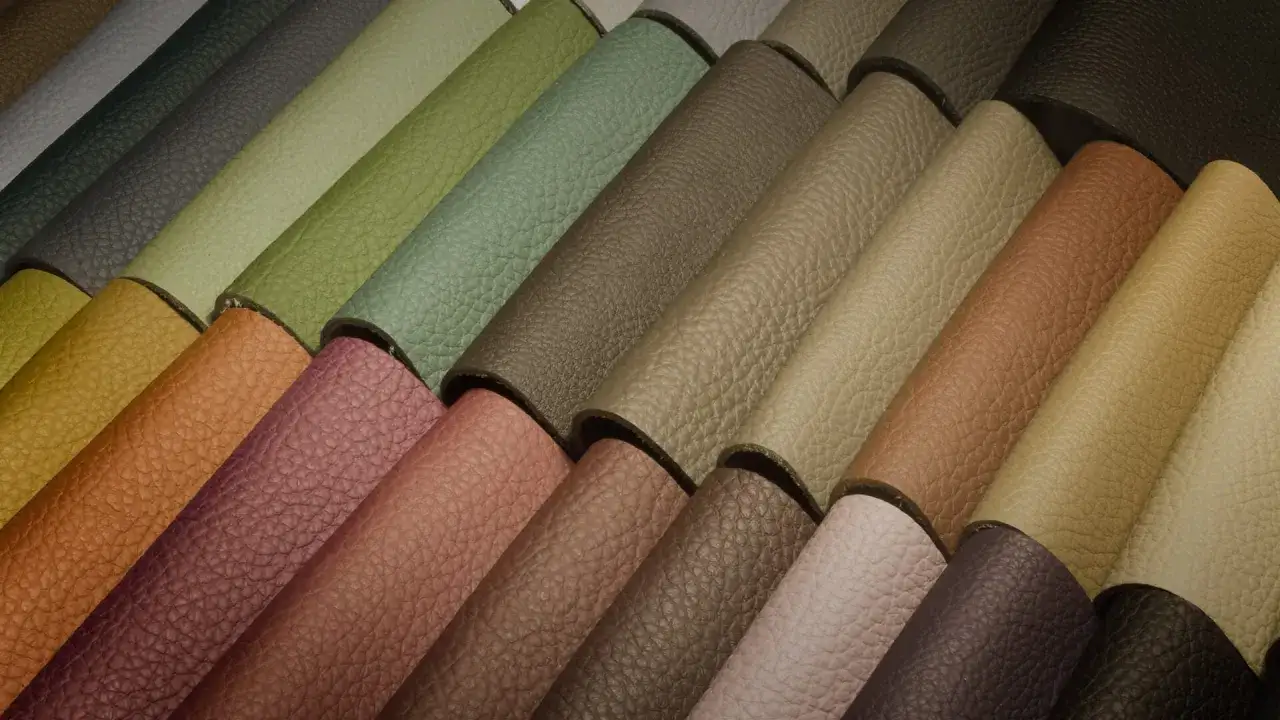 Campione di materiali per divani in pelle, con tonalità che vanno dal verde al marrone, passando per il rosa e il giallo.