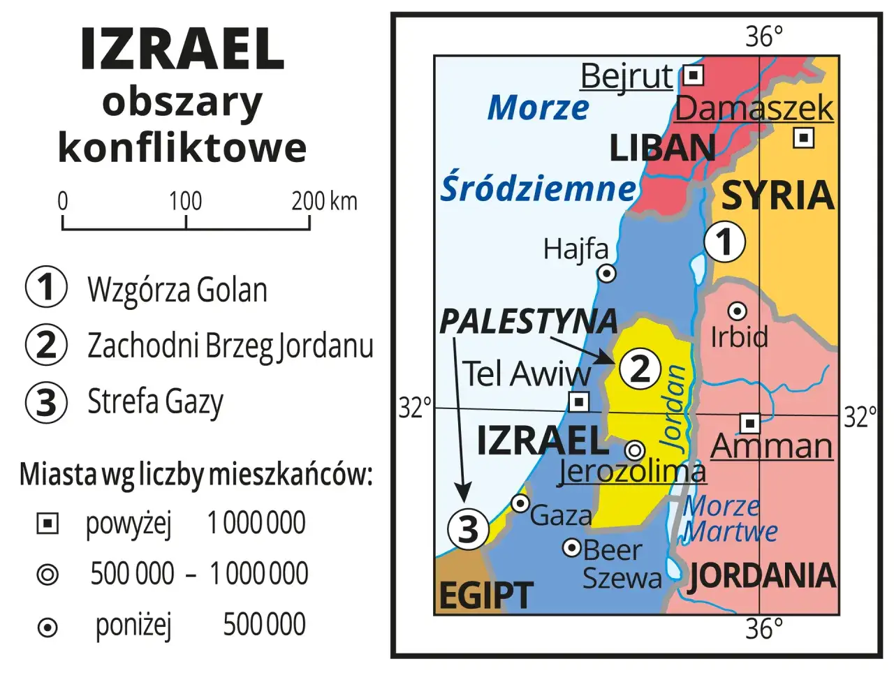 Mapa Izraela z zaznaczonymi regionami bezpieczeństwa