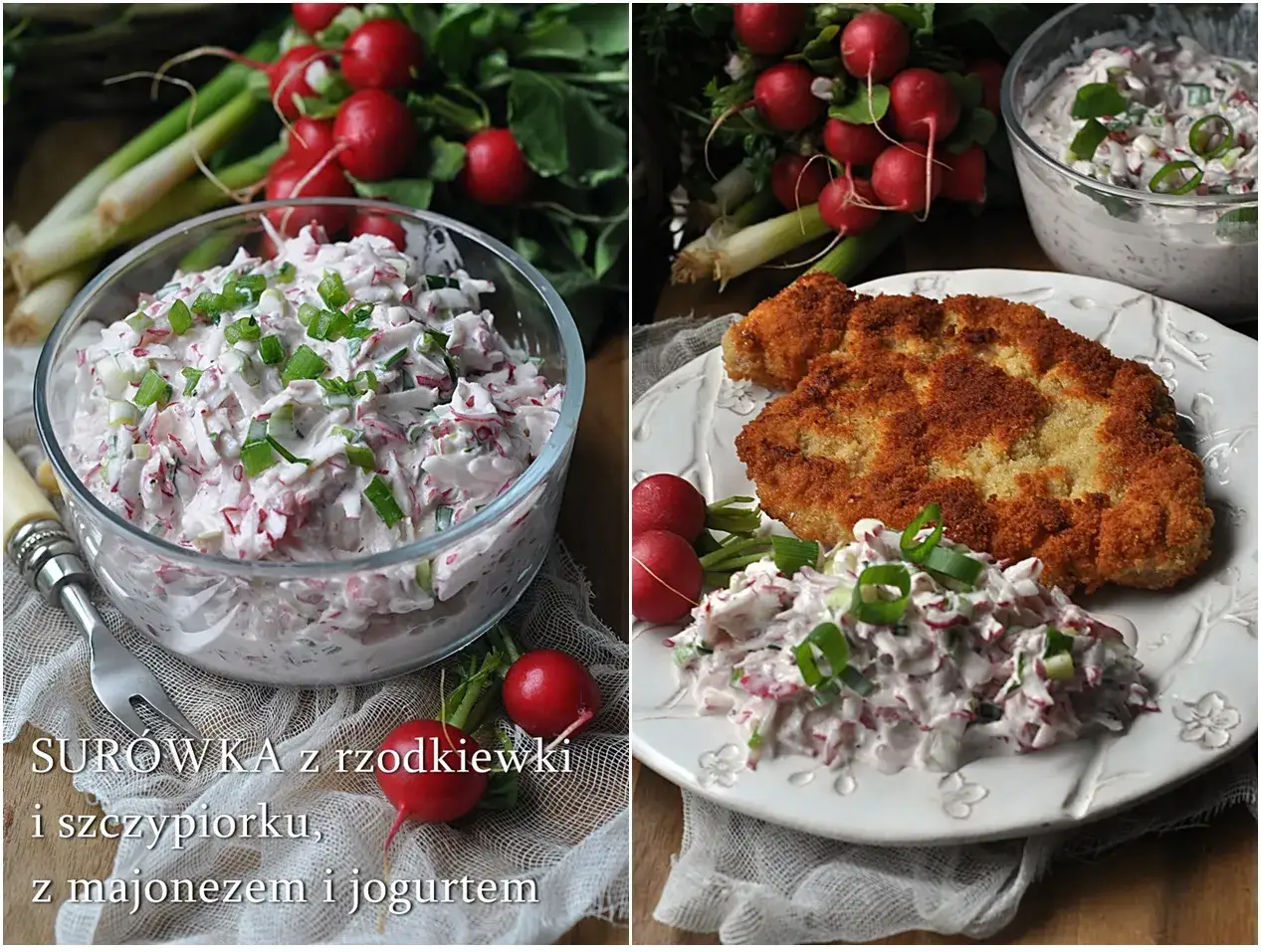 Pyszna surówka z rzodkiewki z majonezem i jogurtem, posypana szczypiorkiem, obok panierowany kotlet.