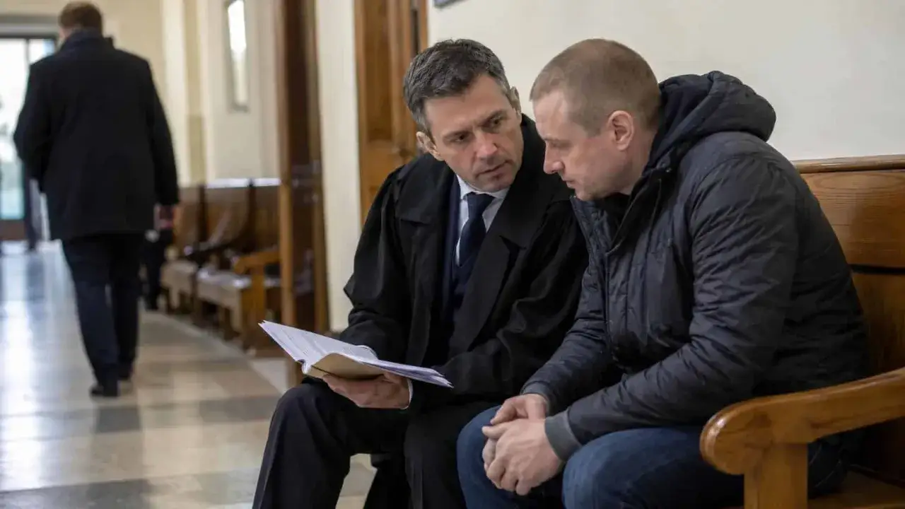 Prawnik w todze rozmawia z mężczyzną w kurtce, omawiając dokumenty. Czy to jego pierwsza sprawa, czy już recydywa?
