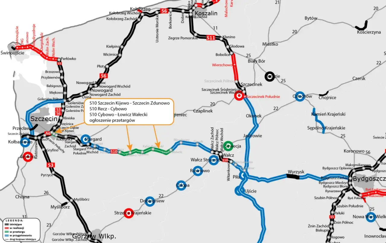 Mapa drogowa Polski. Ile jest kilometrów ze Szczecina do Warszawy? Trasa S10 i S11 łączą Szczecin z innymi miastami.