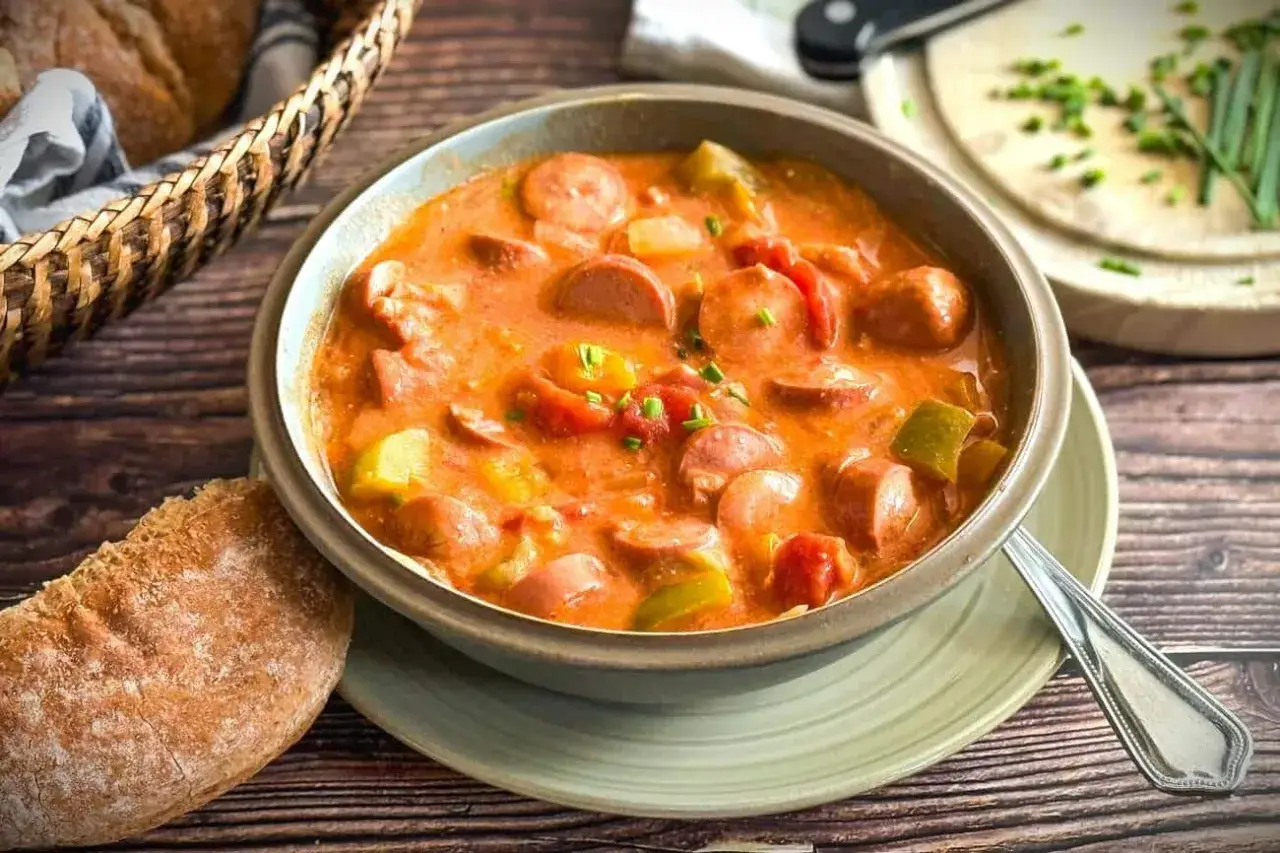 Herzhafte Gulaschsuppe mit Wiener Würstchen, Paprika und Tomaten. Perfekt für kalte Tage, ein tolles Rezept mit Wiener!