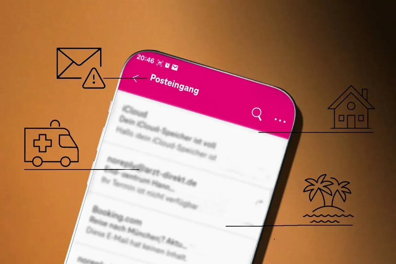 Warnung! Ist meine E-Mail gehackt? Ein Briefumschlag mit Ausrufezeichen, ein Haus, eine Ambulanz und eine Insel mit Palmen deuten auf Probleme hin.