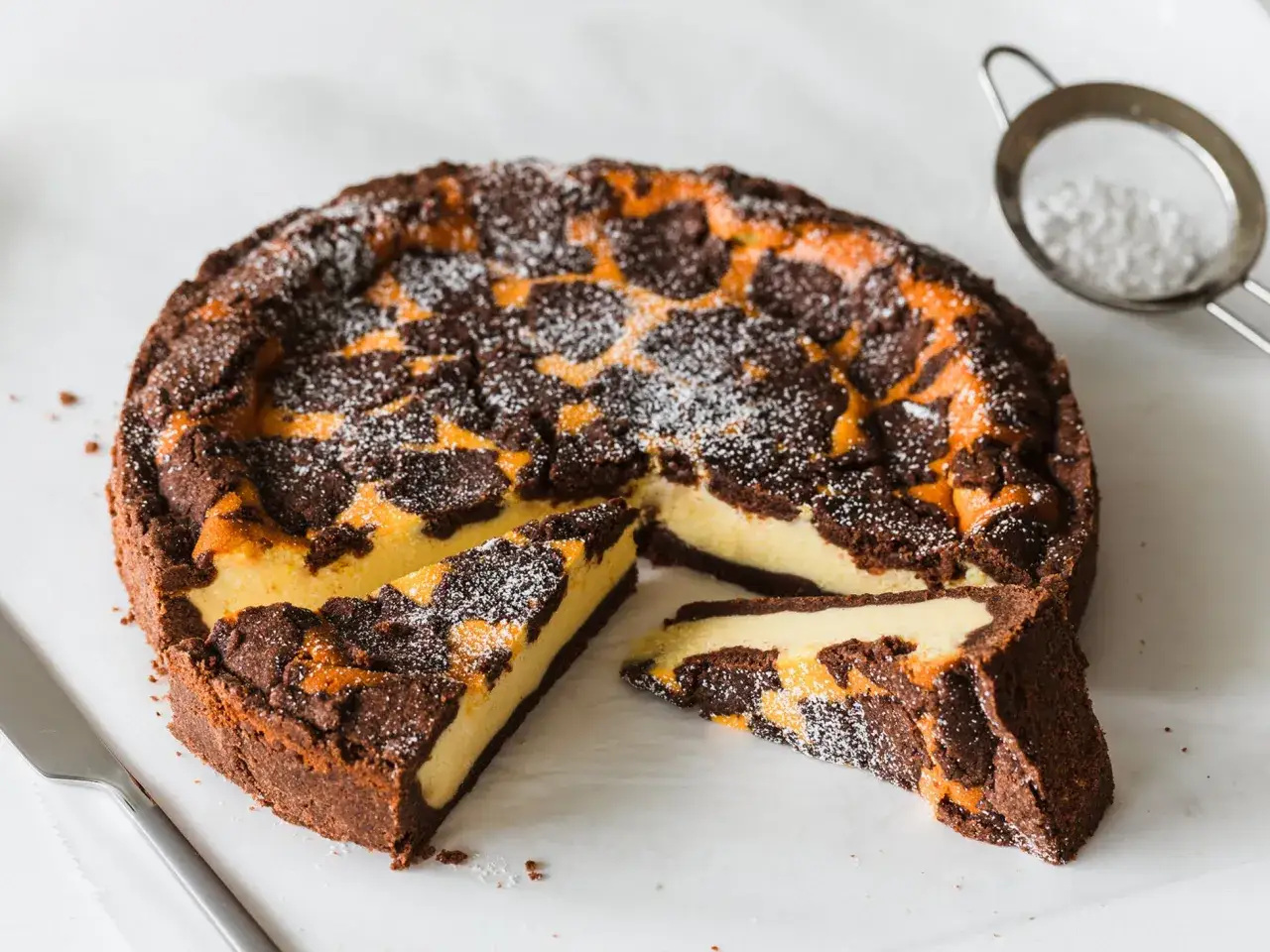 Ein köstlicher russischer Zupfkuchen mit Schokoladen- und Käsemasse, bestäubt mit Puderzucker. Ein Stück ist bereits angeschnitten.