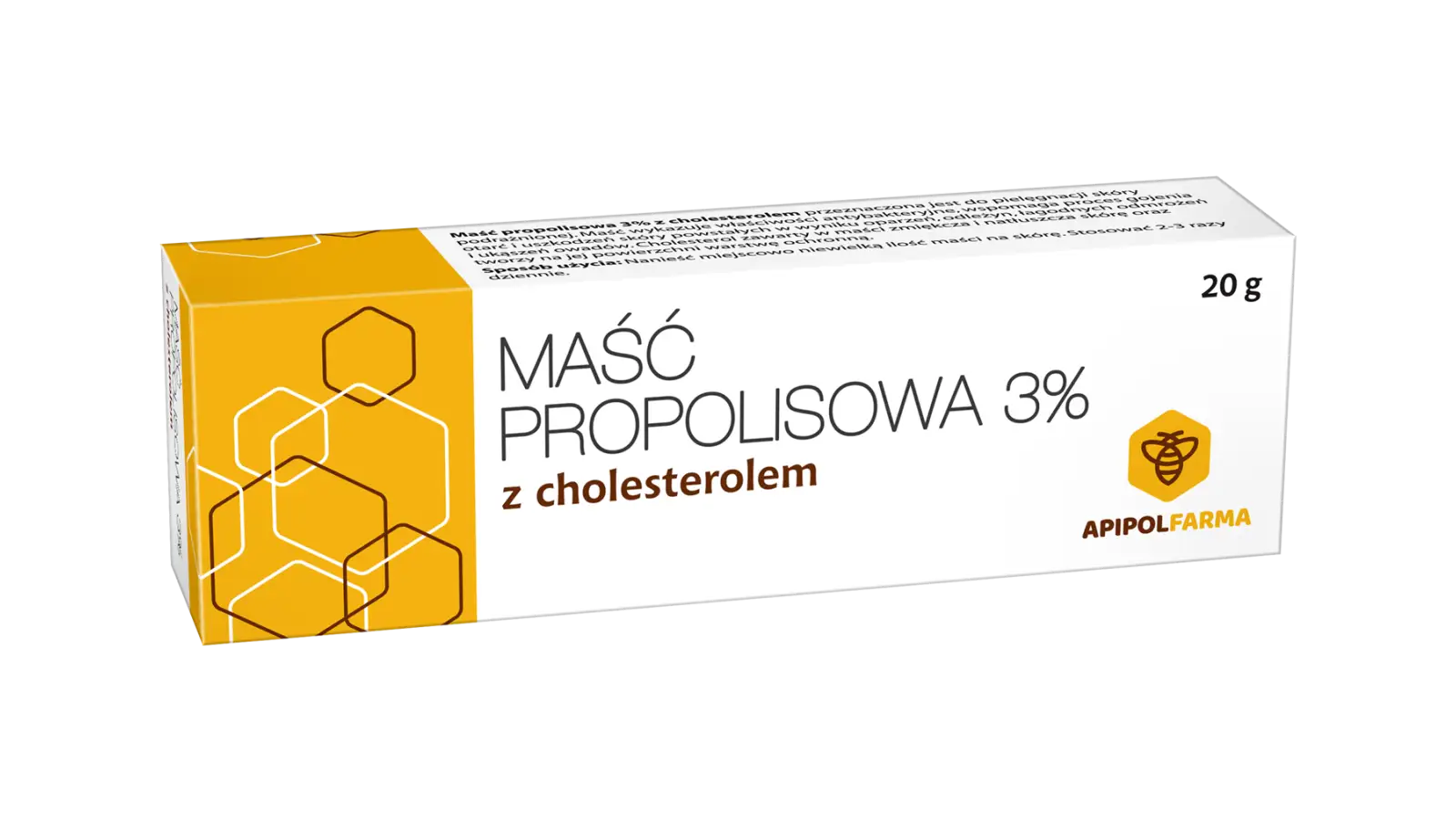 Maść propolisowa 3% z cholesterolem w tubce 20g. Idealna do pielęgnacji sk&oacute;ry, wspomaga gojenie i tworzy warstwę ochronną.