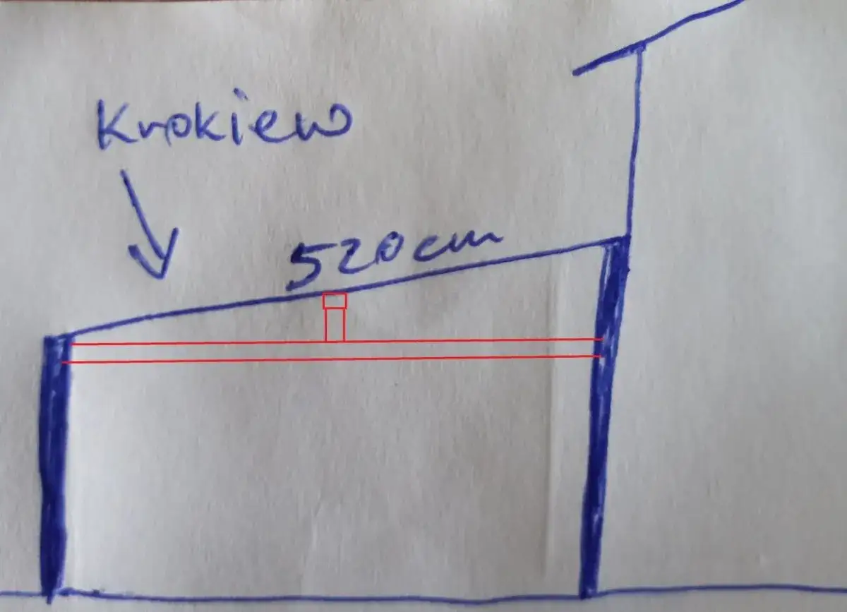 Szkic dachu jednospadowego z zaznaczonymi krokiewkami i wymiarami 520 cm.