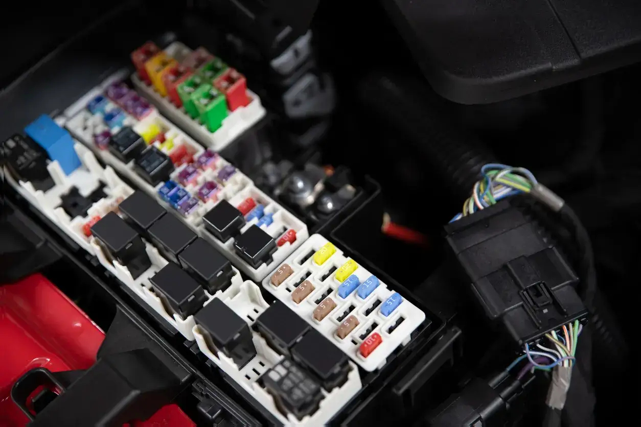Boîte à fusibles d'une voiture, avec des fusibles de différentes couleurs et tailles. Un fusible démarreur est visible, prêt à protéger le système.