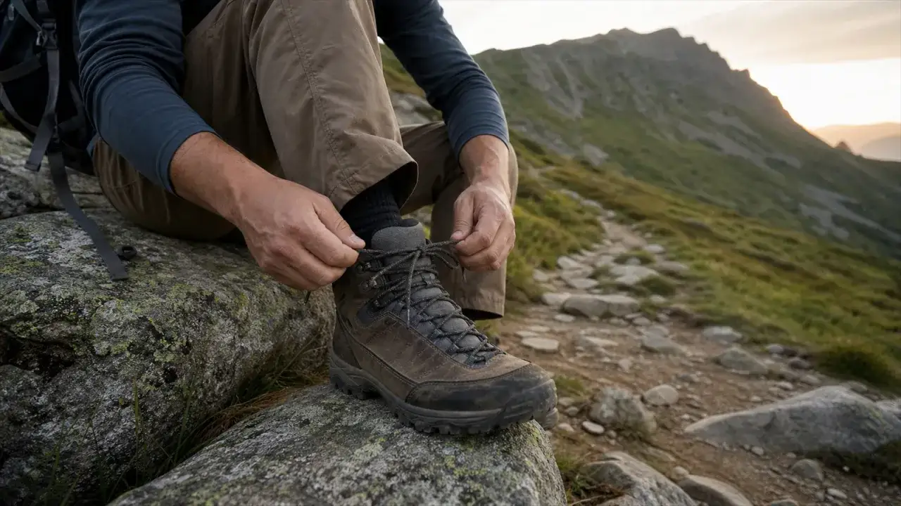 Mężczyzna zawiązuje sznurowadła w solidnych butach trekkingowych, idealnych na letnie wędr&oacute;wki po g&oacute;rskim szlaku.