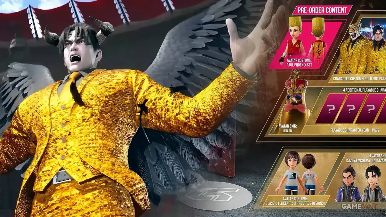 Postać z Tekken 9 w złotym stroju z piórami, z diabelskimi rogami i skrzydłami. Obok grafiki z zawartością pre-order.