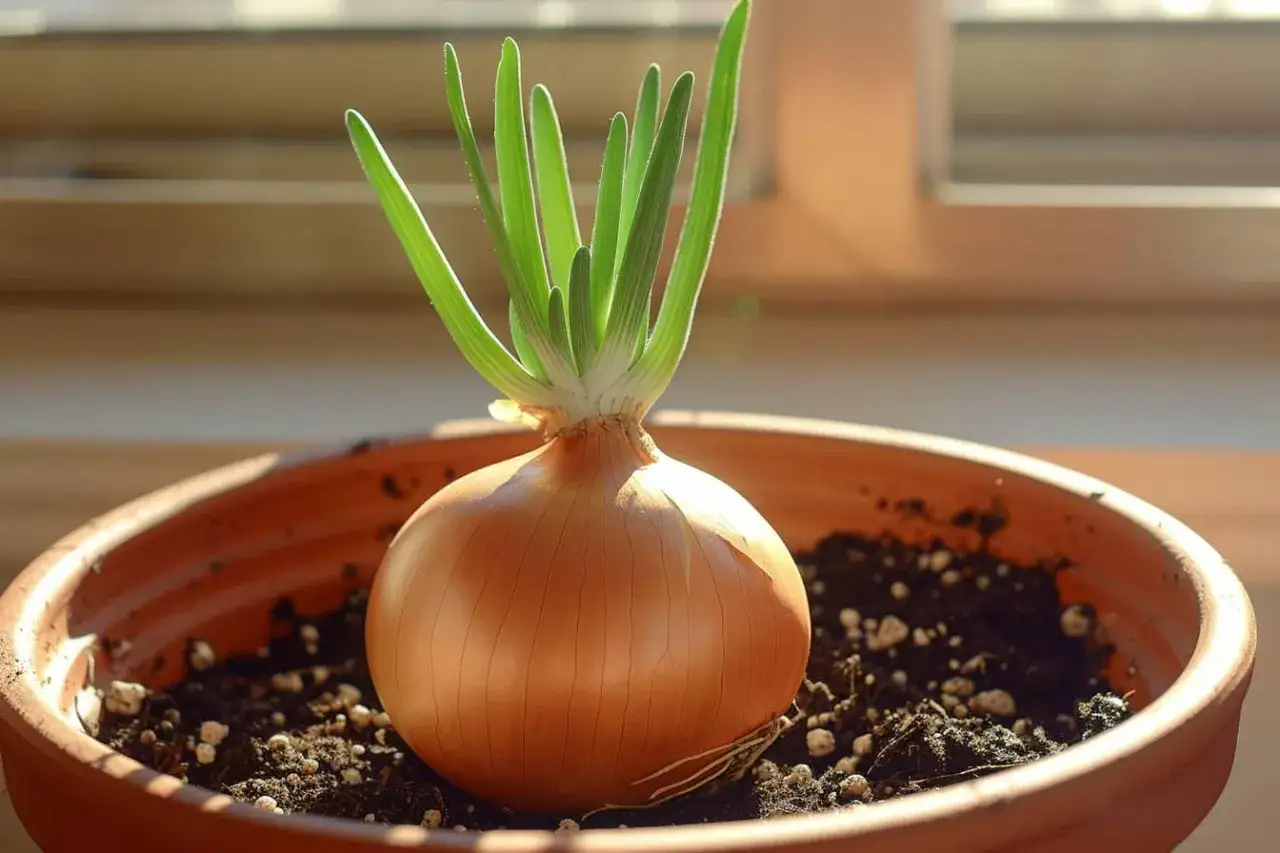 Un oignon germ&eacute; dans un pot en terre cuite, ses jeunes pousses vertes se d&eacute;ploient vers la lumi&egrave;re.