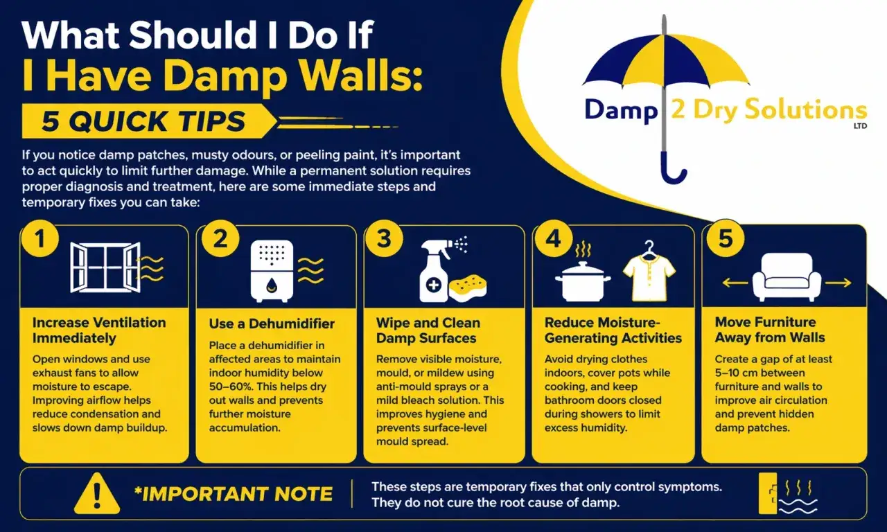 Consejos para quitar humedad en paredes: ventilar, usar deshumidificador, limpiar superficies, reducir actividades que generan vapor y alejar muebles.