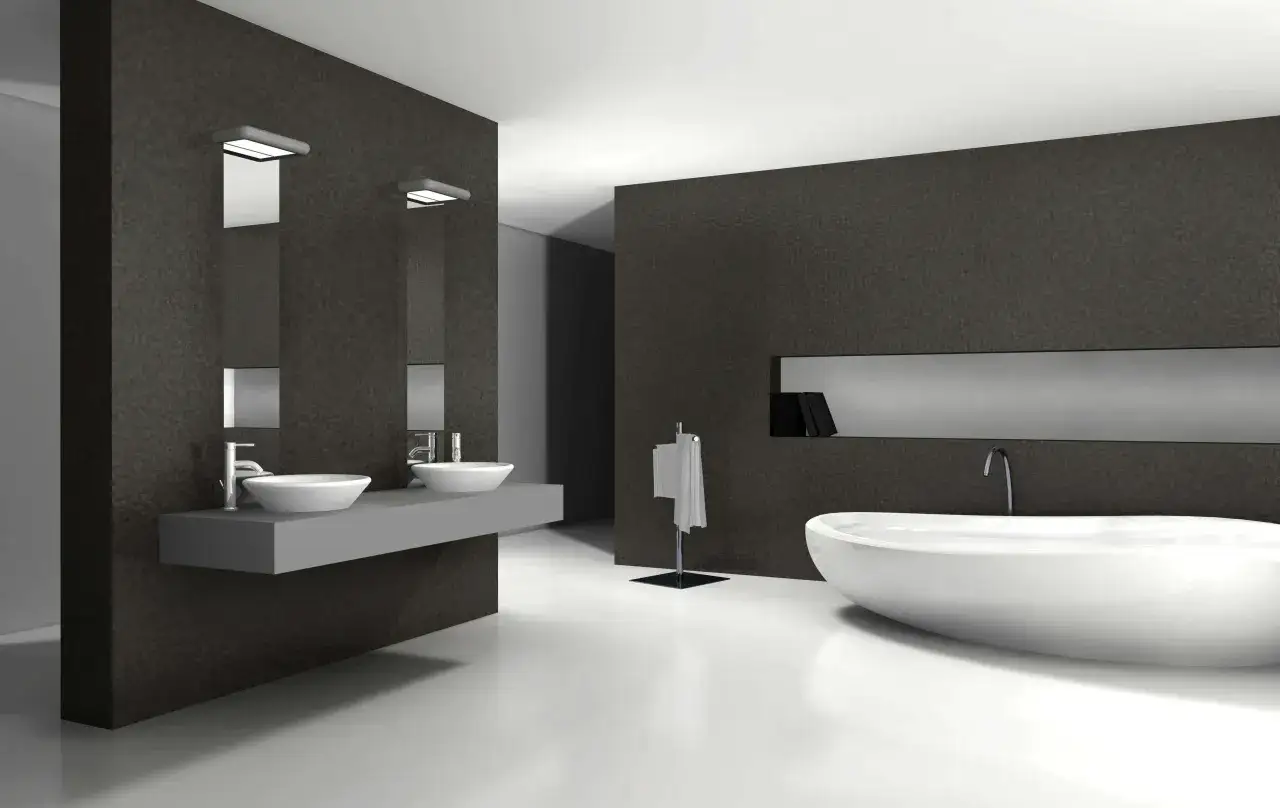 Une élégante salle de bain noir et blanc avec deux lavabos suspendus, une baignoire îlot et une étagère murale.