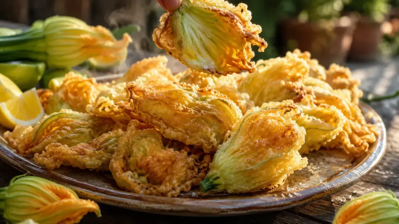 Une assiette de beignets de fleurs de courgettes dor&eacute;s et croustillants, servis avec des quartiers de citron.
