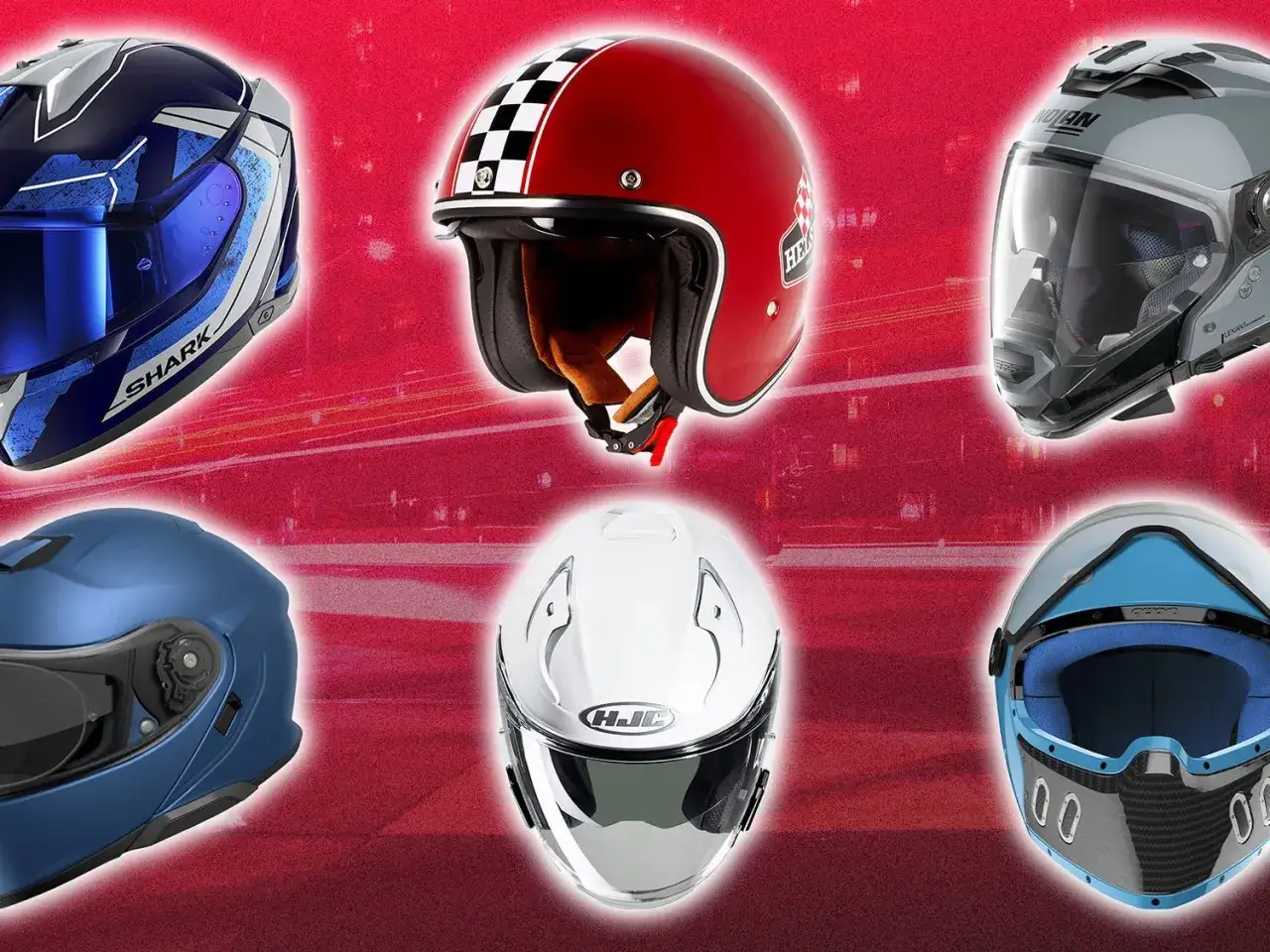 Seis cascos de moto de diferentes marcas, incluyendo Shark y Nolan, con diseños variados. Algunos son integrales, otros abiertos.