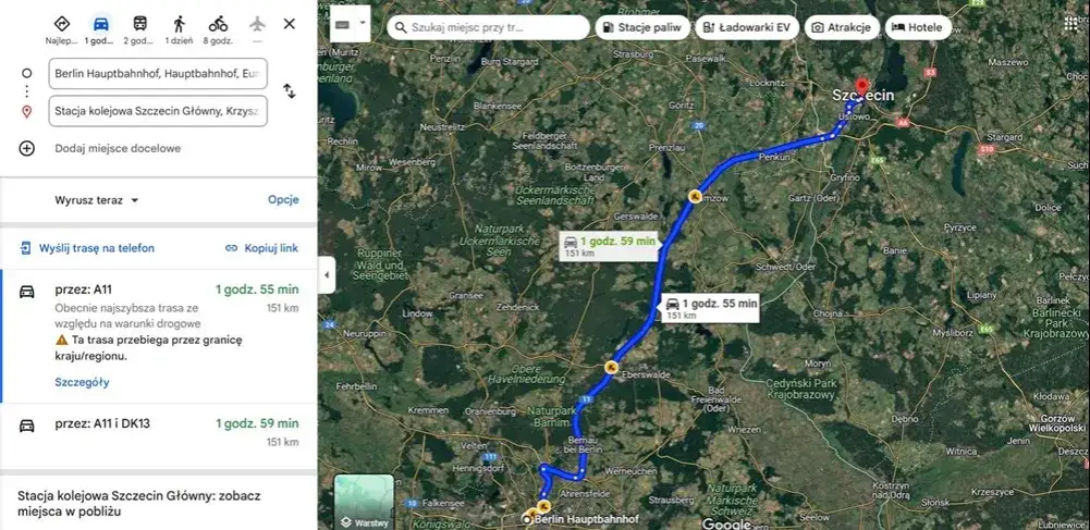 Mapa trasy Szczecin Berlin samochodem pociągiem