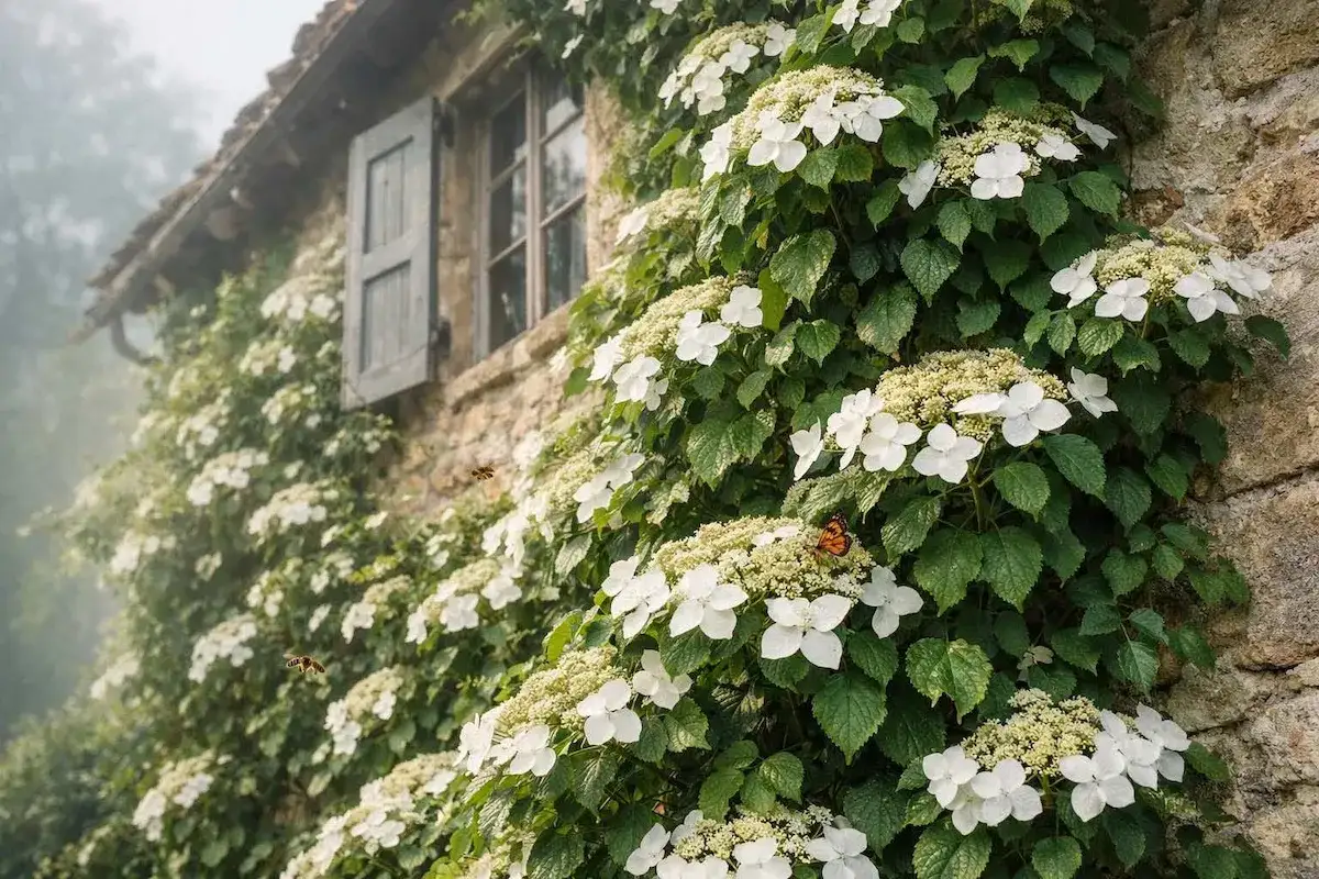 Eine üppige kletterpflanze mit weißen Blüten rankt sich an einer alten Steinwand empor. Ein Schmetterling sitzt auf einer Blüte, während Bienen umherfliegen.