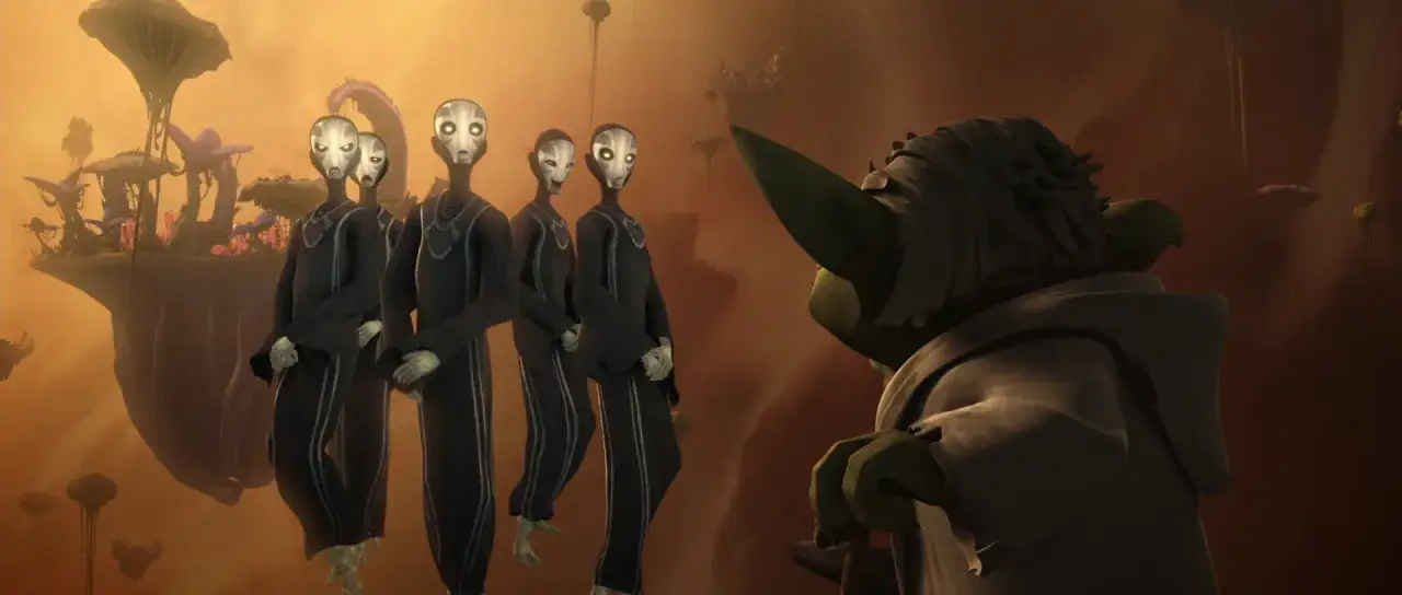 Yoda w otoczeniu tajemniczych istot, których obecność może być związana z midichlorianami, na tle surrealistycznego krajobrazu.