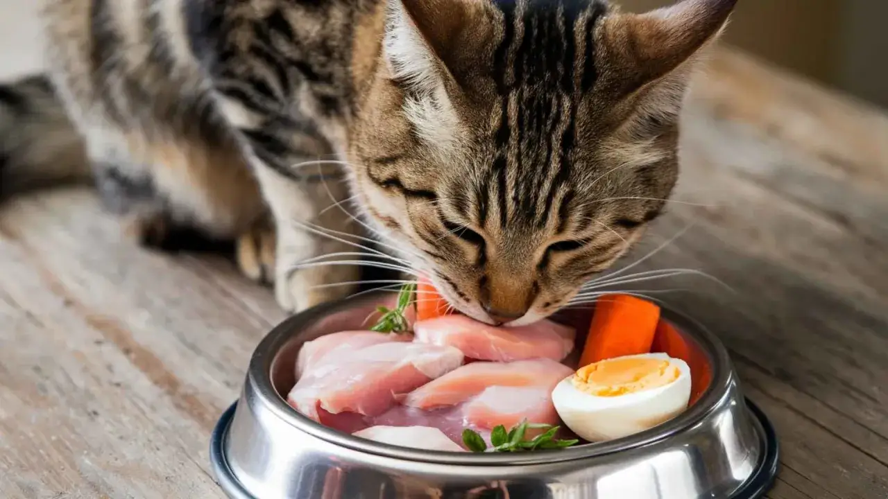 Gato atigrado olfateando un cuenco con trozos de pollo crudo, zanahoria, huevo cocido y hierbas. As&iacute; es que comen los gatos.