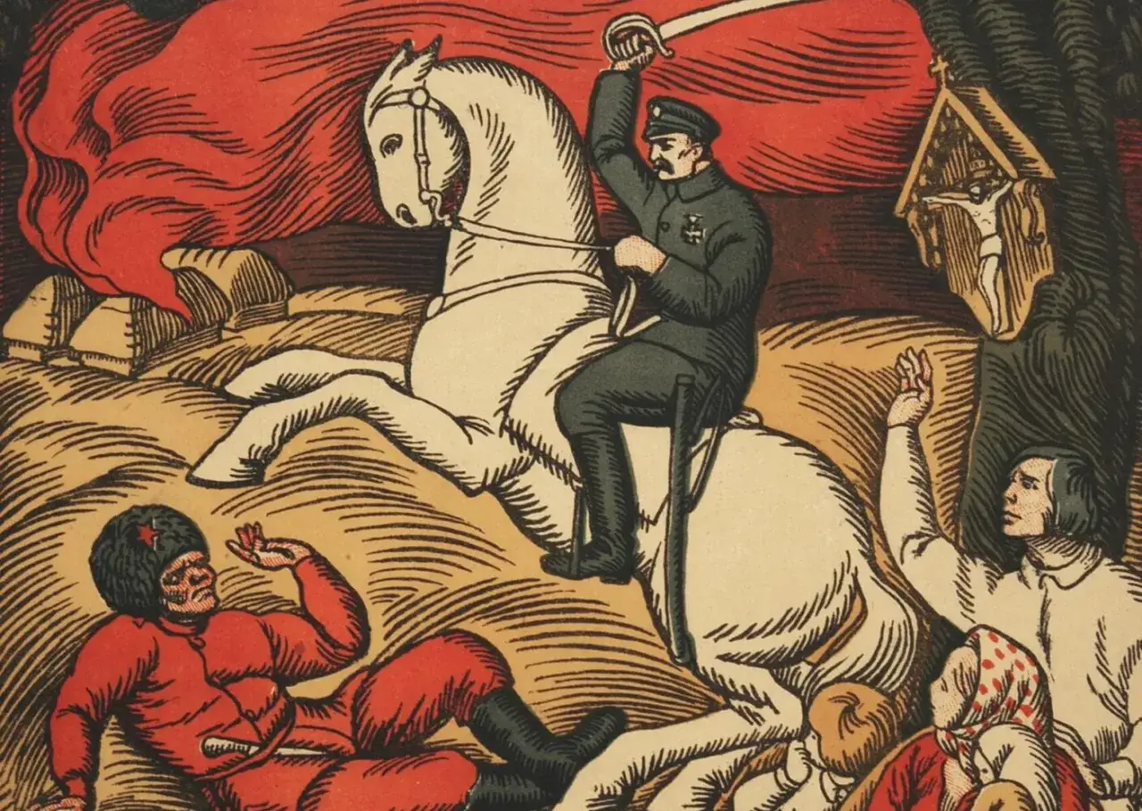 Cud nad Wisłą: żołnierz na białym koniu z szablą wzniesioną ku niebu, obok kapliczka z Jezusem. Ludzie wzywają pomocy.