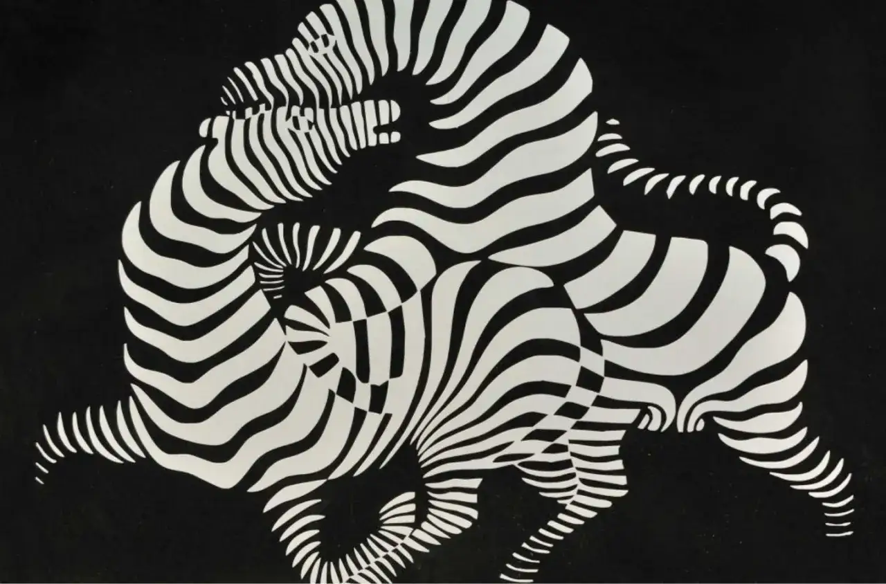 Œuvres op art de Vasarely : des zèbres aux rayures mouvantes créent une illusion optique hypnotique sur fond noir.
