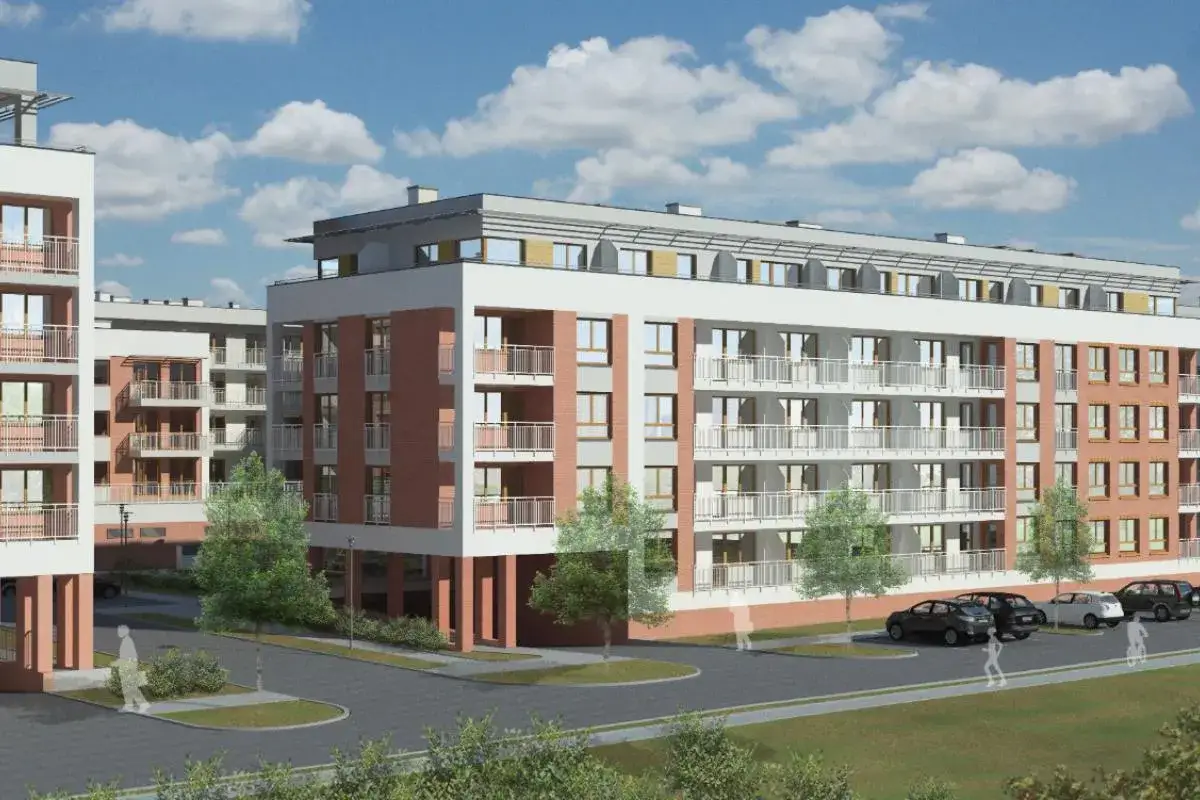 Nowe forty Szczecin: nowoczesne bloki mieszkalne z balkonami i parkingiem, otoczone zielenią.
