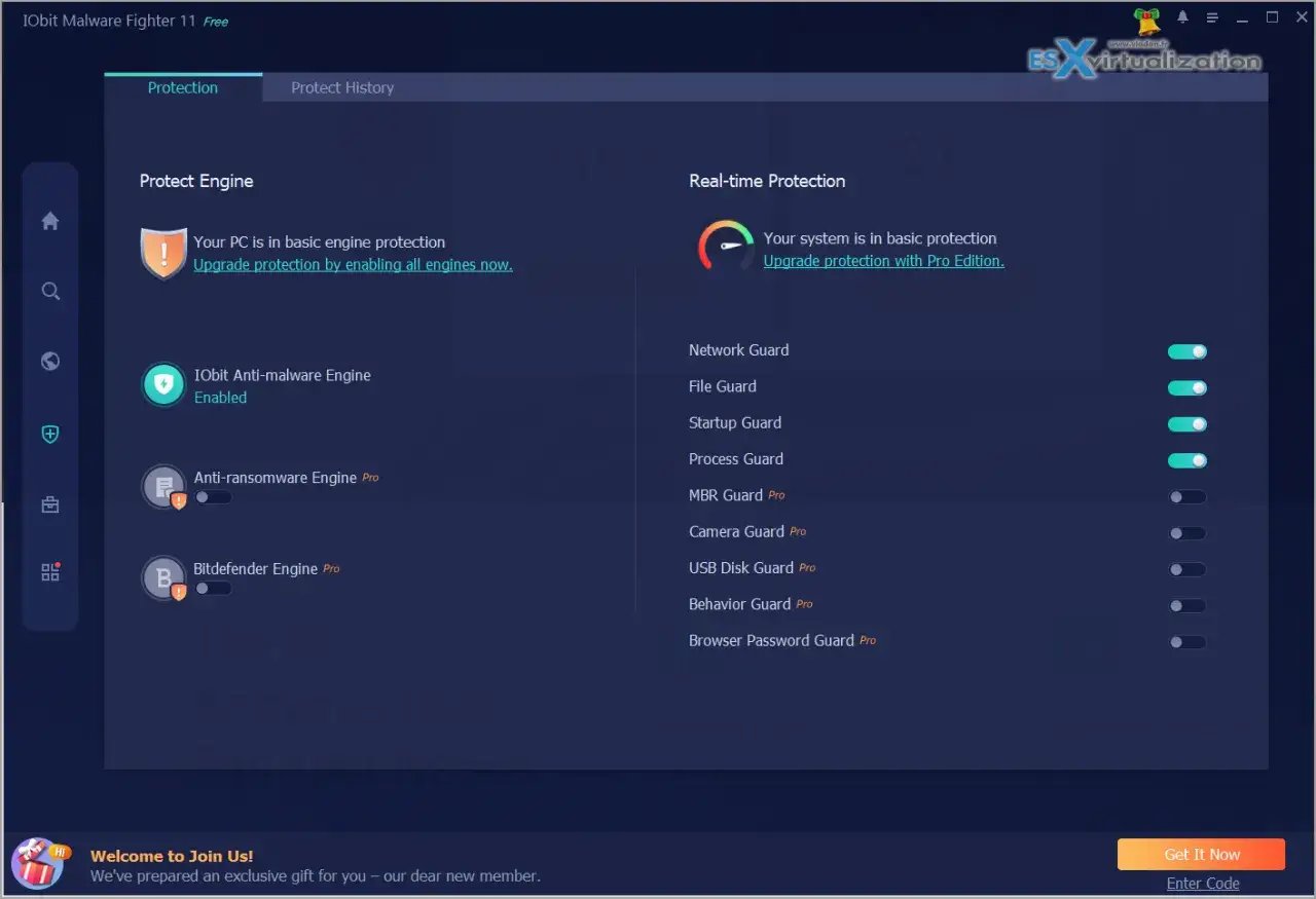 Interfejs IObit Malware Fighter 11 z włączonym silnikiem antywirusowym i aktywnymi funkcjami ochrony w czasie rzeczywistym.