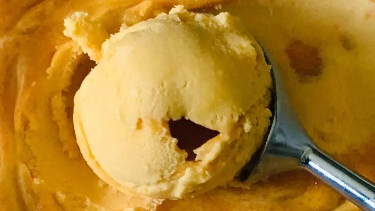 Ein Löffel hebt eine Kugel cremiges Sanddorn Eis aus einer Schale. Die Farbe erinnert an die Sonne.